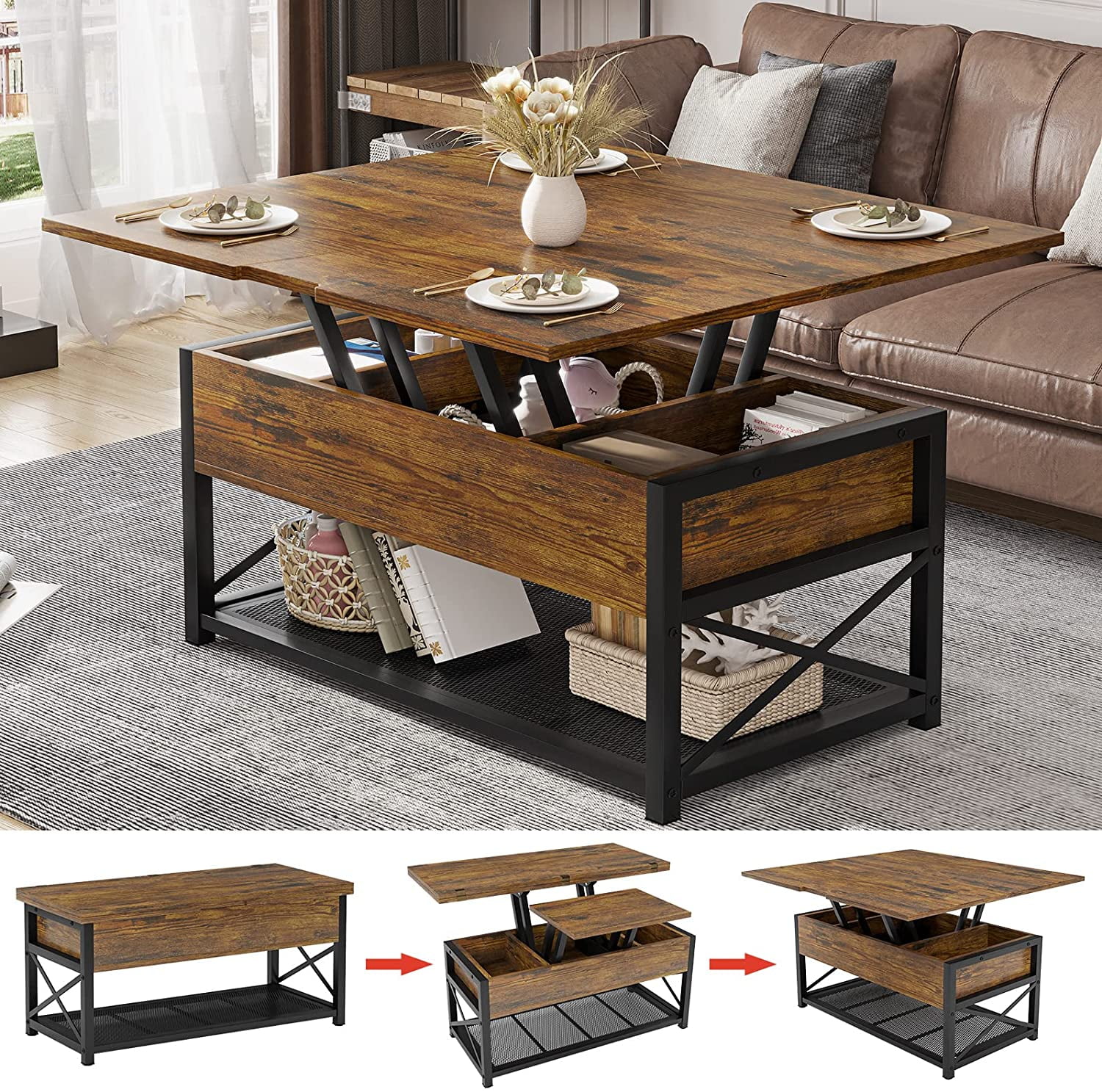3 in 1 Multi-Function Coffee Table, Lift Top Coffee Table with Storage for Living Room, Rustic Brown - Curated Treasures Market