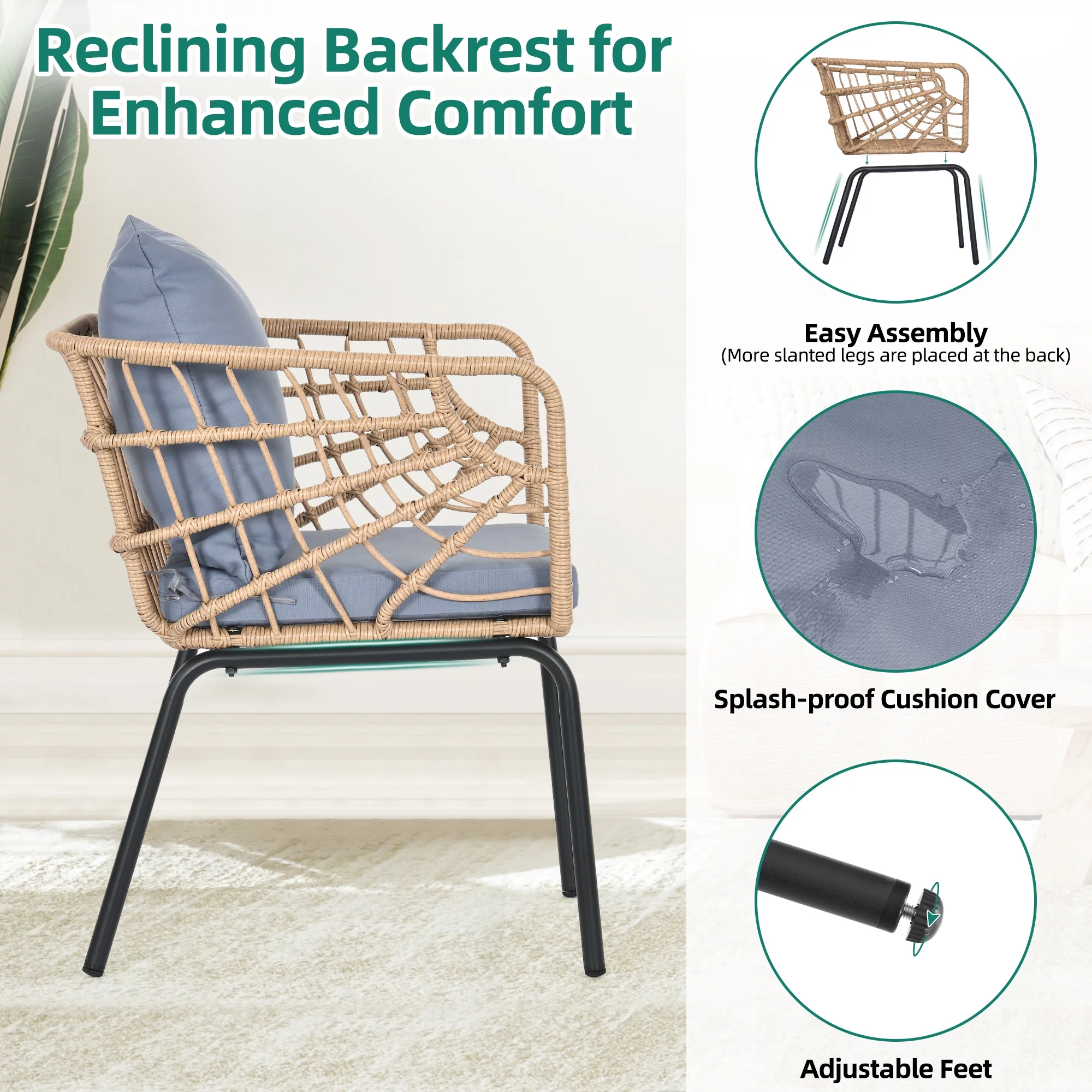 Dextrus 3-Piece Outdoor Patio Furniture Wicker Bistro Set, With 2 Chairs and Coffee Table,Cushions and Lumbar Pillows-Gray