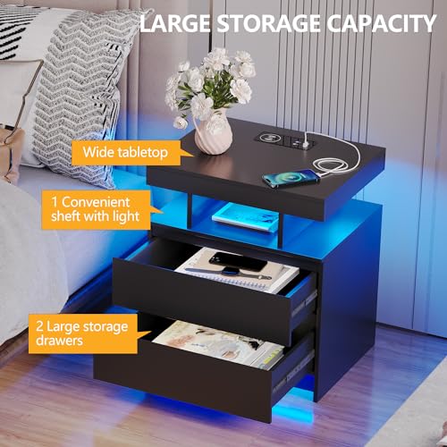 dnbss Nightstand with Wired/Wireless Charging Station, Auto LED Lighting Bedside Tables with Drawers