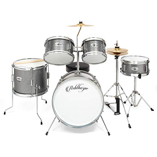 Ashthorpe 5-Piece Complete Junior Drum Set with Genuine Brass Cymbals - Advanced Beginner Kit with 16" Bass, Adjustable Throne, Cymbals, Hi-Hats