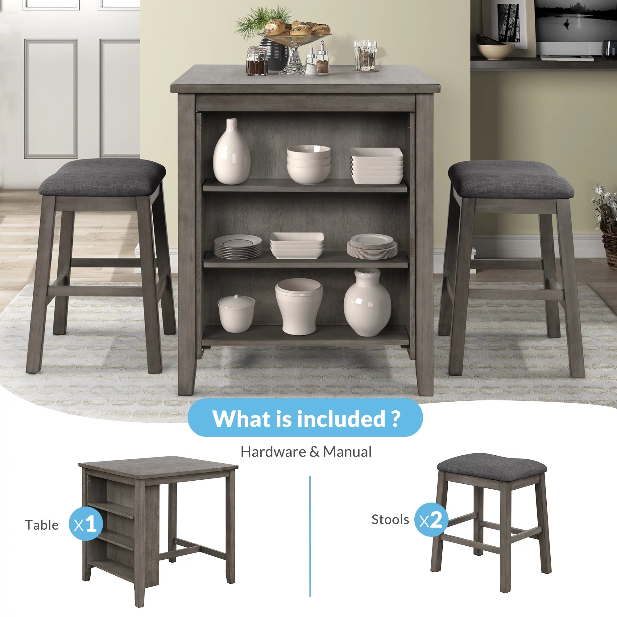 Churanty 3 Piece Wood Dining Table Set for 2,Kitchen Table with Storage Shelf and 2 Padded Counter Height Dining Chairs for Small Place, Gray