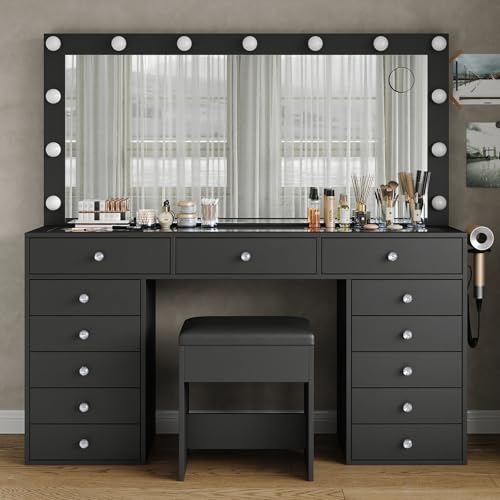 55" W Vanity Desk, Makeup Vanity with Charging Station, 15 Drawers with Lighted Mirror, 3 Lighting Modes, Brightness Adjustable, Glass Top