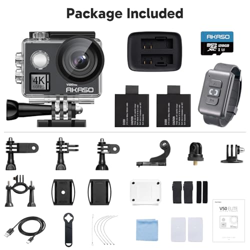 AKASO V50 Elite 4K60fps Action Camera with 128GB MicroSDXC U3 Memory Card Accessories Kit Bundle Voice Control EIS 131 feet Waterproof Camera 8X Zoom