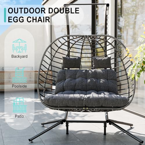 SWITTE Double Egg Swing Chair with Stand, Outdoor Patio 2 Person Hanging Wicker Hammock Chairs with Cushion for Indoor Bedroom, Lawn, Garden-Dark Grey