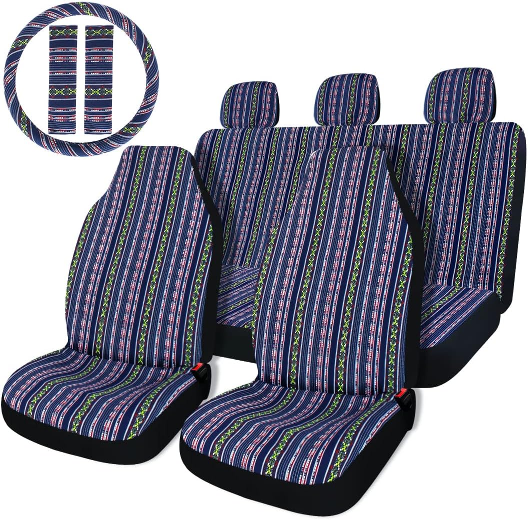 Copap Car Seat Covers Beige Baja Blanket Woven Seat Cover Boho Ethnic Tribal Style Fit for Sedan Cars & Vans with 15 Steering Wheel Cover