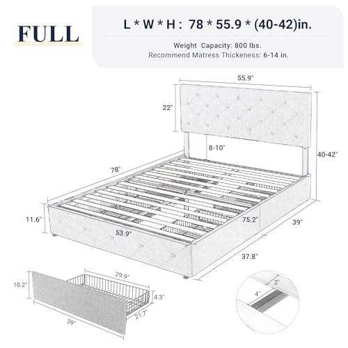 Allewie Upholstered Queen Size Platform Bed Frame with 4 Storage Drawers and Headboard, Square Stitched Button Tufted