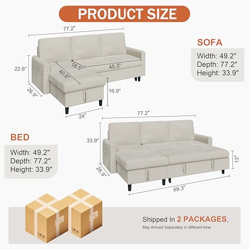 Vongrasig Convertible Sleeper Sofa, Pull Out Couch with Storage, 77" L-Shaped Sofa Bed with Storage Chaise Corduroy Fabric for Living Room, Apartment