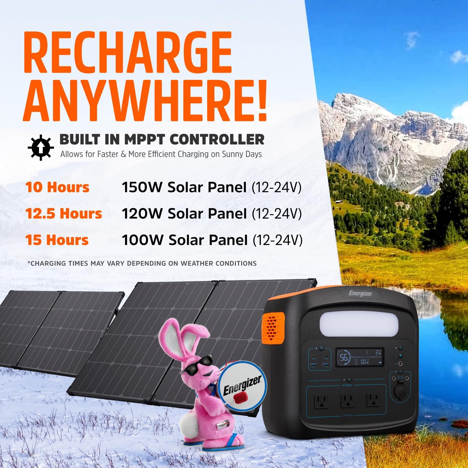 Energizer Portable Power Station Solar Generator 960W with LiFePO4 Battery, 110V/700W Pure Sine Wave AC Outlet, USB-C PD 100W, for Outdoor Use