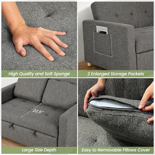 SEJOV 3-in-1 Convertible Sofa Bed, Linen Fabric Sleeper Couch Pull Out Bed, 49" 2-Seater Loveseat Futon Sofa with Spring Support