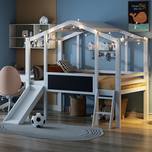 Harper & Bright Designs Kids Twin Low Loft Bed with Slide and Storage Shelves, Wood Playhouse Loft Bed Frame with a Tent & Stairs