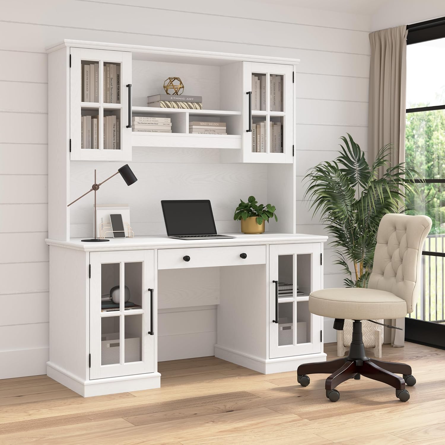 Bush Furniture Westbrook 60W Computer Desk with Hutch and Storage in White Ash | Farmhouse Desk for Home Office Workspace