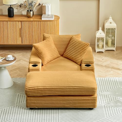 Oversized Corduroy Upholstered Chaise Longue Indoor,Comfy Thicked Padded Lounge Chair with Movable Ottoman,Soild Wood Sleeper Reclining Chair