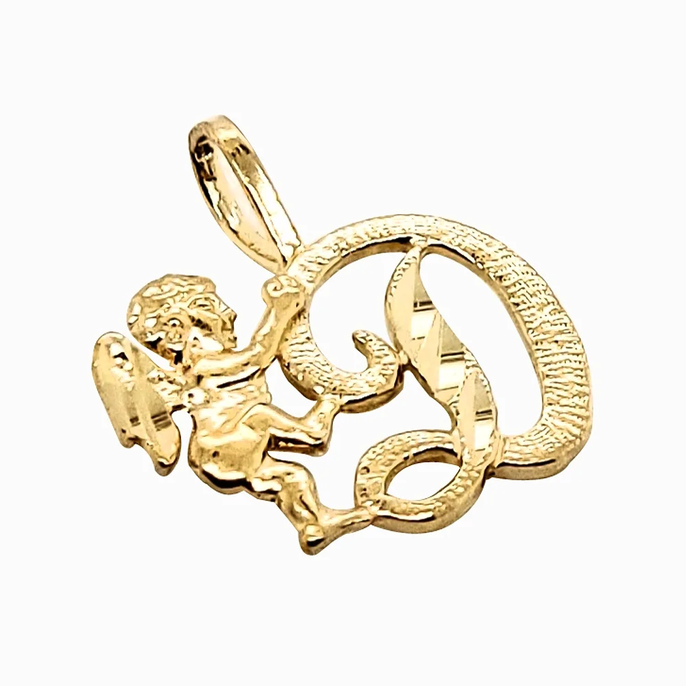 Precious Stars 14K Yellow Gold Cherub and Cursive Initial Letter 'D' Pendant with 18" Chain Necklace