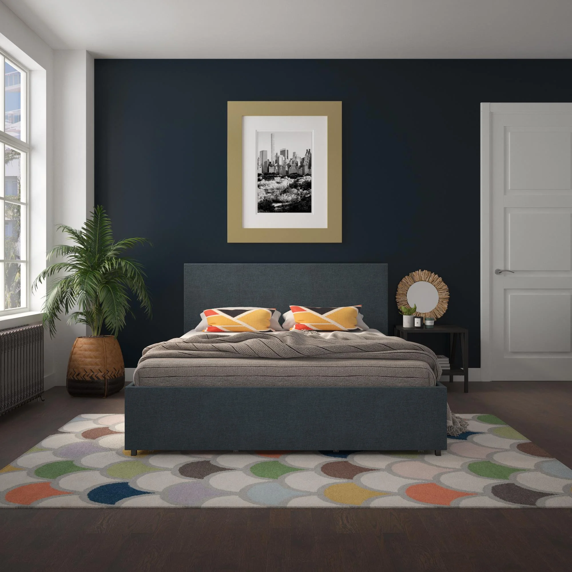 Novogratz Kelly Upholstered Storage Bed Frame, Full, Navy Blue Linen
