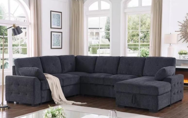 L-Shaped Pull Out Sleep Sofabed,Modern Reversible Sleeper Sectional Sofa Chenille Upholstered Button Tufted Decor with Storage Chaise