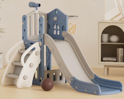 XJD 5 in 1 Toddler Slide, Kids Slide for Toddlers Age 1-3, Outdoor Indoor Playset for Toddlers with Basketball Hoop and Ball