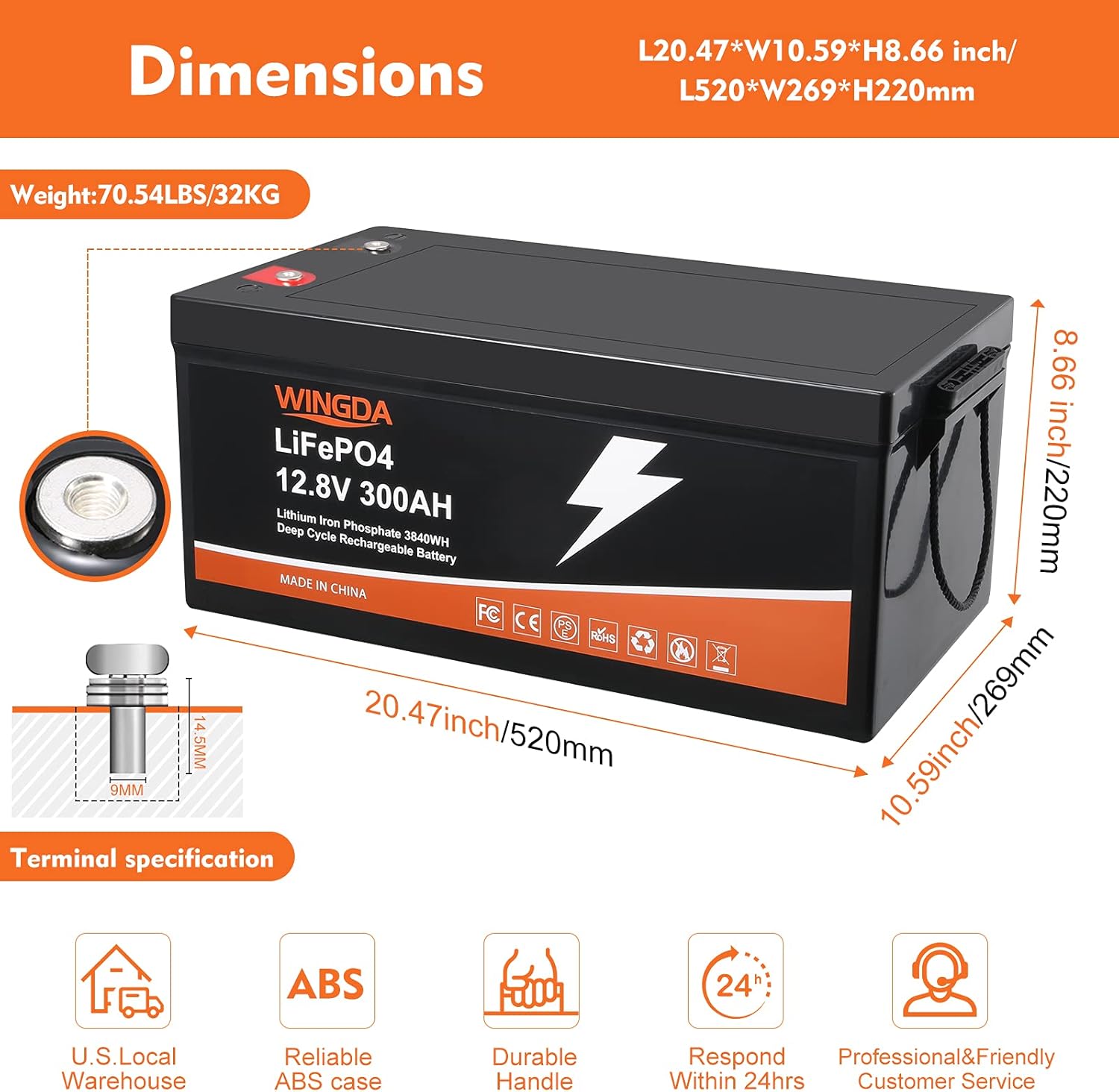 WINGDA LiFePO4 Battery 12V 100Ah Deep Cycle Lithium Batteries with Built-In BMS,5000+ Cycles 10 Year Life Time Rechargeable for RV, Solar Power