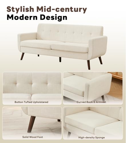 Tbfit L Shaped Couch Sofa, 80" W Mid-Century Modern Sectional Couches, 3 Seater Sofas with Wide Chaise Lounge & Two Pillows