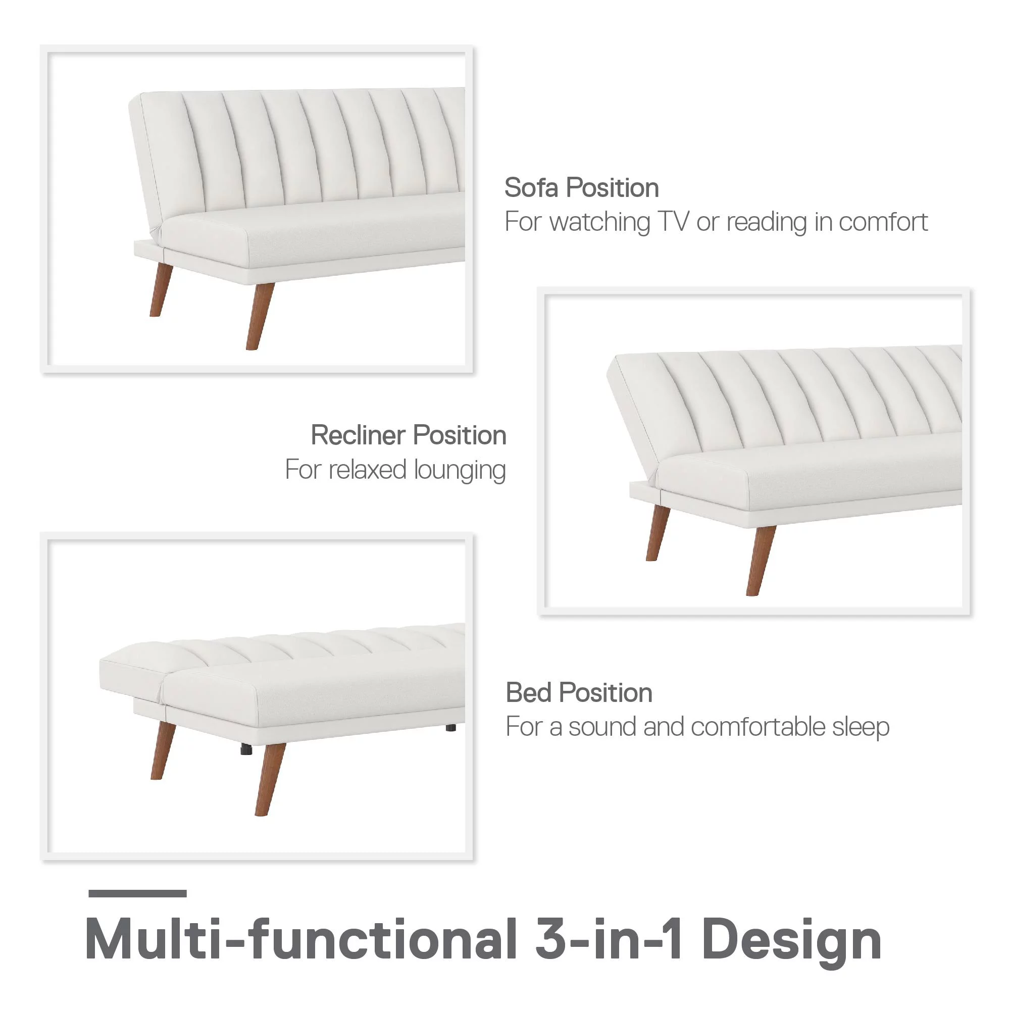 Novogratz Brittany Armless Futon, Sofa Lounger and Sleeper with Hideaway Support Legs, White Faux Leather