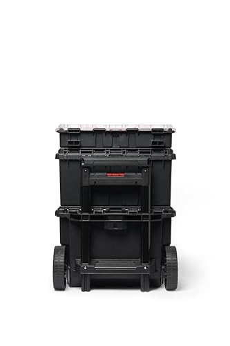 Keter Stack-n-Roll Modular Tools Organizer for Garage Storage and DIY, 3 Piece Resin Rolling Tool Box System for Small Parts, Black