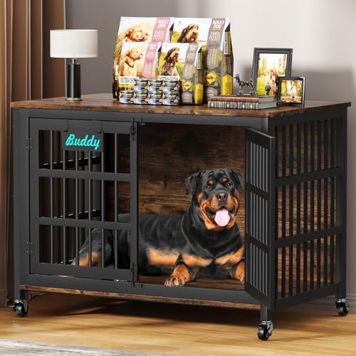 EasyCom 48"/42"/33" Dog Crate Furniture with Name Tag, Heavy Duty Dog Kennel Indoor for Large Dogs