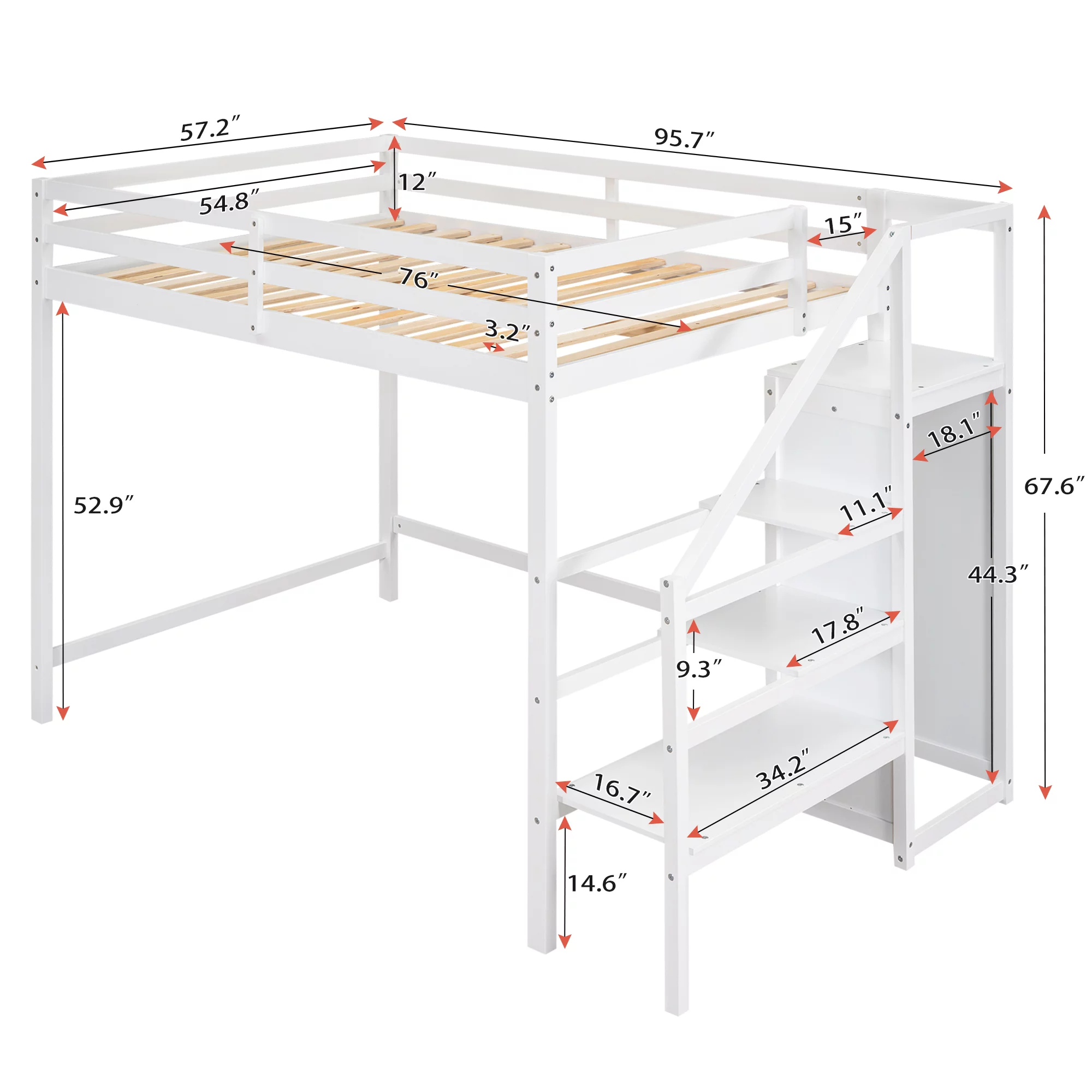 Bellemave Full Size Loft Bed with Storage Staircase Wooden Full Loft Bed Frame with Built-in Storage Wardrobe and Guardrails for Kids, Teens
