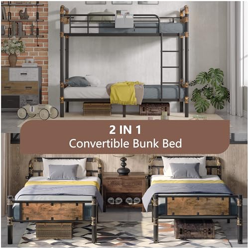 2 IN 1 Metal Bunk Bed Twin Over Twin, Convertible Twin Bunk Beds into 2 Individual Twin Size Bed for Kids Adults, 14.8" High Guard Rail