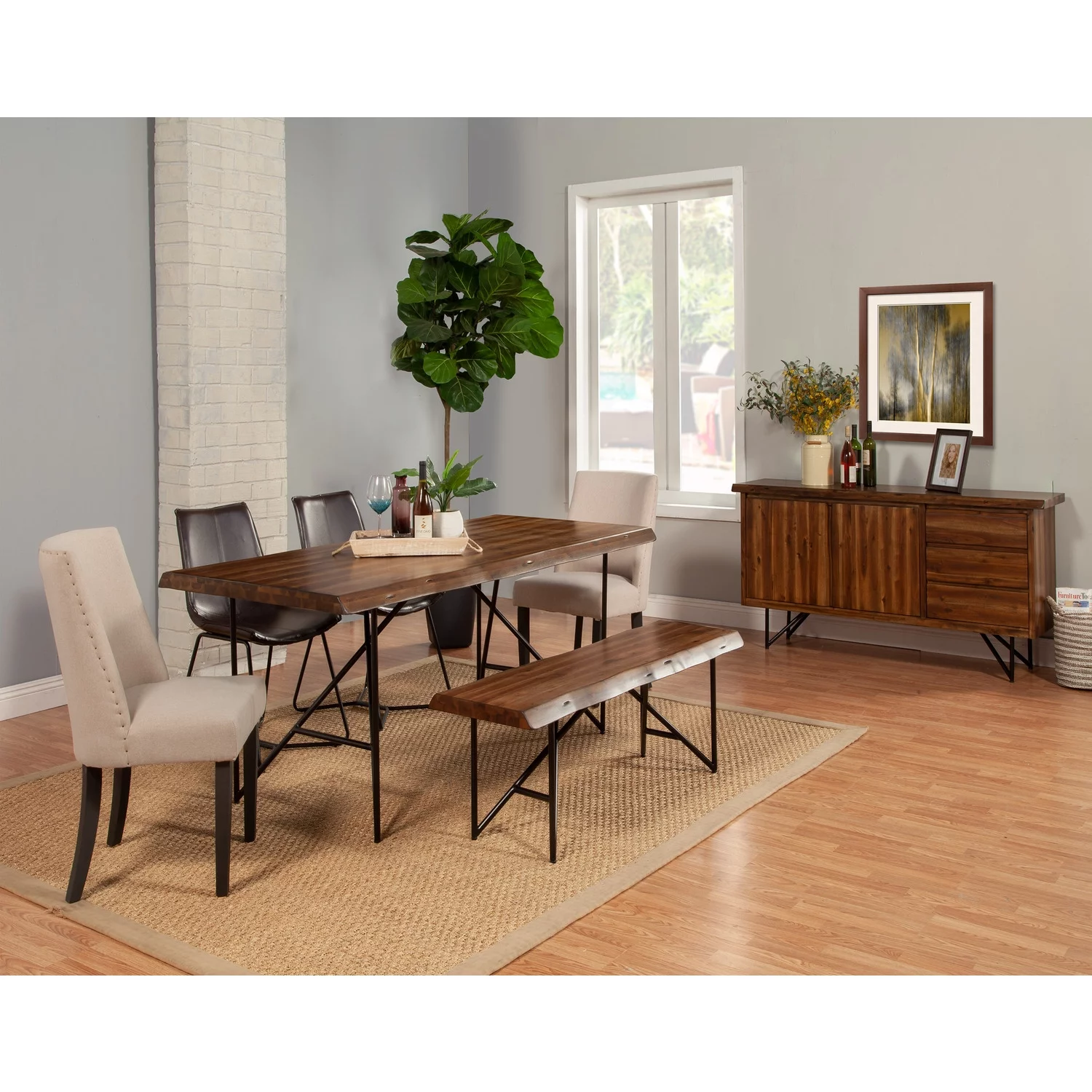 Alpine Furniture Live Edge Solid Wood Dining Table in Light Walnut (Brown)