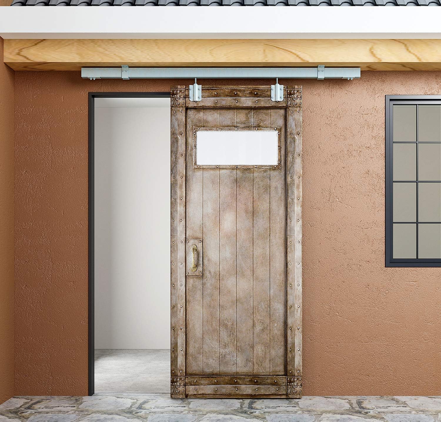 DIYHD 8FT Raw Material Sliver Box Track Double Sliding Barn Door Hardware Wall Mount Kit for Exterior Door
