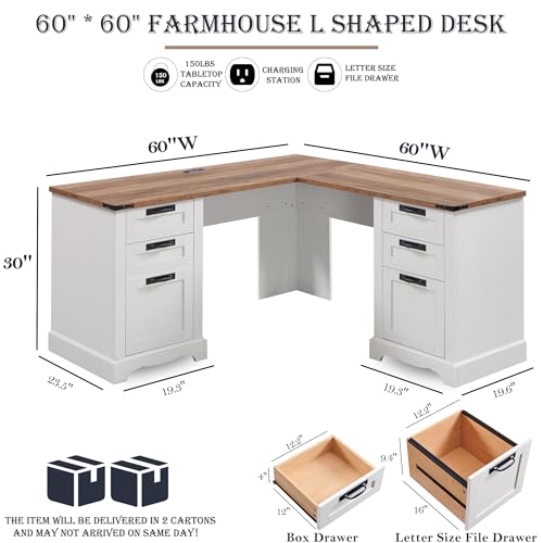 RedLemon 60" Farmhouse L Shaped Executive Desk with Drawers, Wood Home Office Corner Desk with Charging Station, File Drawer, Storage Cabinet