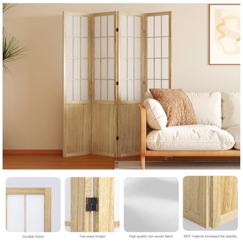 Room Divider, 66.9Inch Tall Japanese Shoji Style Folding Wood Screen with Double Hinges for Home Office Bedroom Hotel Decoration (4Panels, Black)
