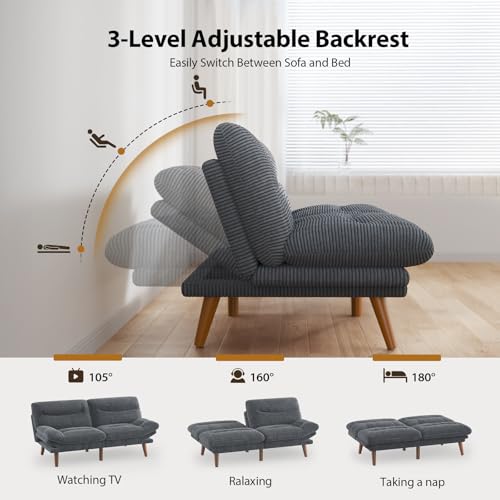 Pipishell Convertible Futon Sofa Bed,66" Corduroy Futon Couch with Adjustable Backrest and Armrests, Recliner Sleeper Sofa for Small Spaces