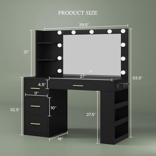 DWVO Vanity Desk with Mirror, Large Makeup Table with Power Outlets, 11 LED Bulbs, 3 Adjustable Light Modes, 4 Drawers and Built-in Shelves