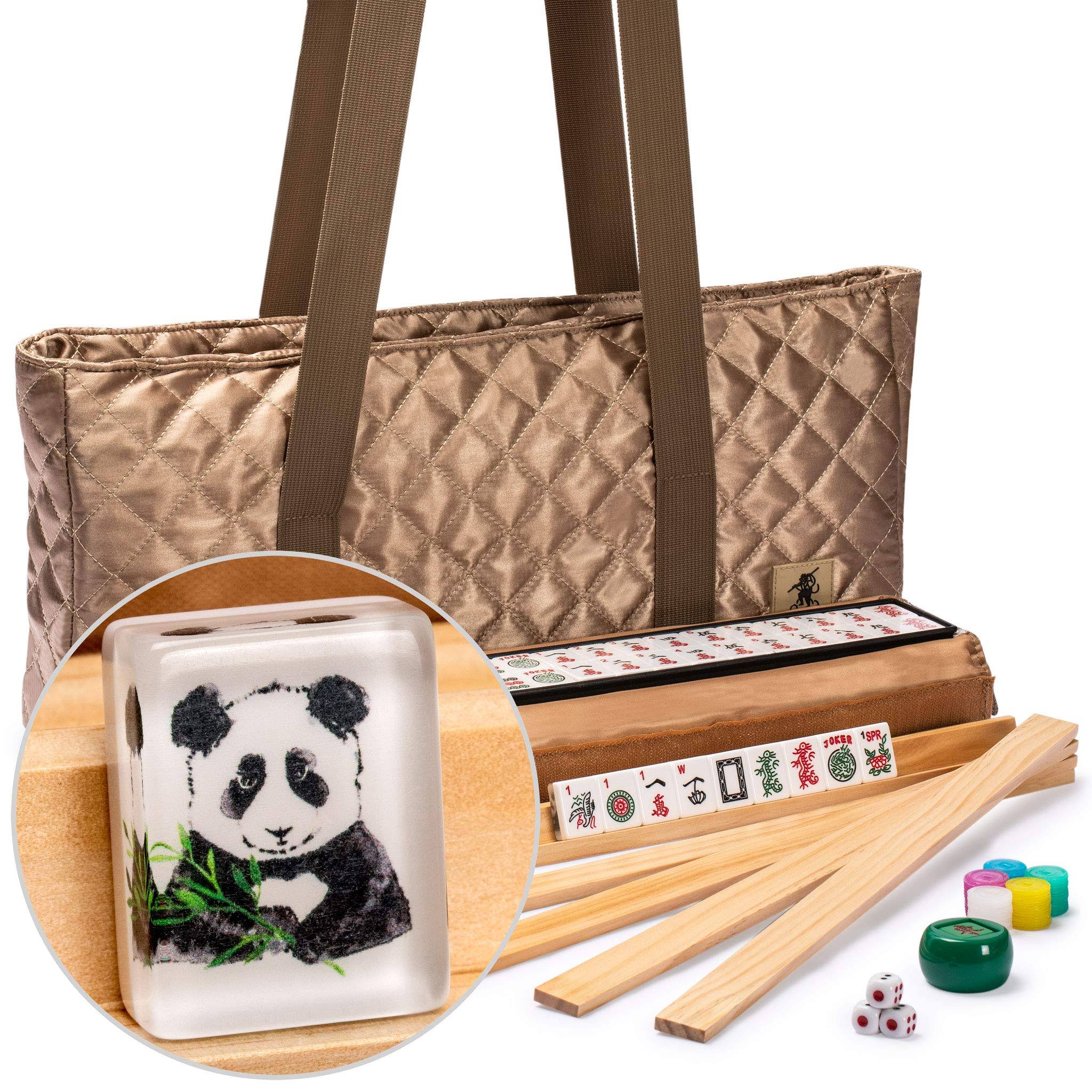 Yellow Mountain Imports American Mahjong Set, Panda Tiles with Tawny Brown Fabric Case - 4 All-in-One Racks with Pushers, Dice,