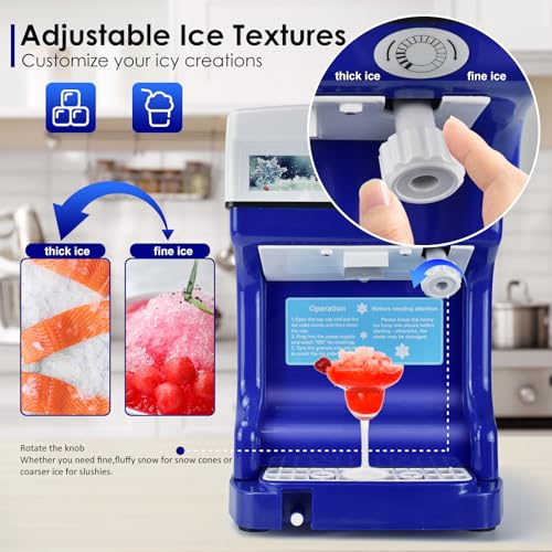 Electric Shaved Ice Machine,Ice Shaver Machine Adjustable Ice Fineness(250W 1400r/min),with Ice Pick & Scoop,265 LBS/H Tabletop Ice Crusher