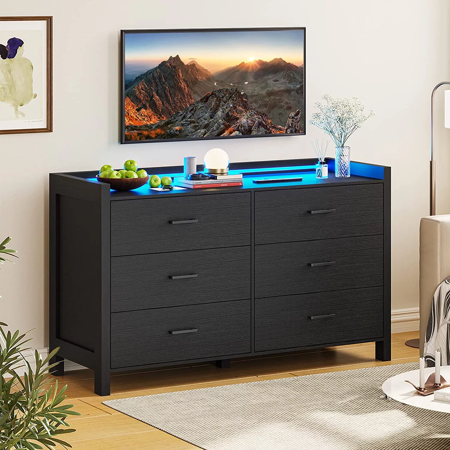 Black Dresser for Bedroom, 6 Drawer Double Dresser with LED Lights, Wood Chest of Drawers, Modern Storage Dresser for Bedroom