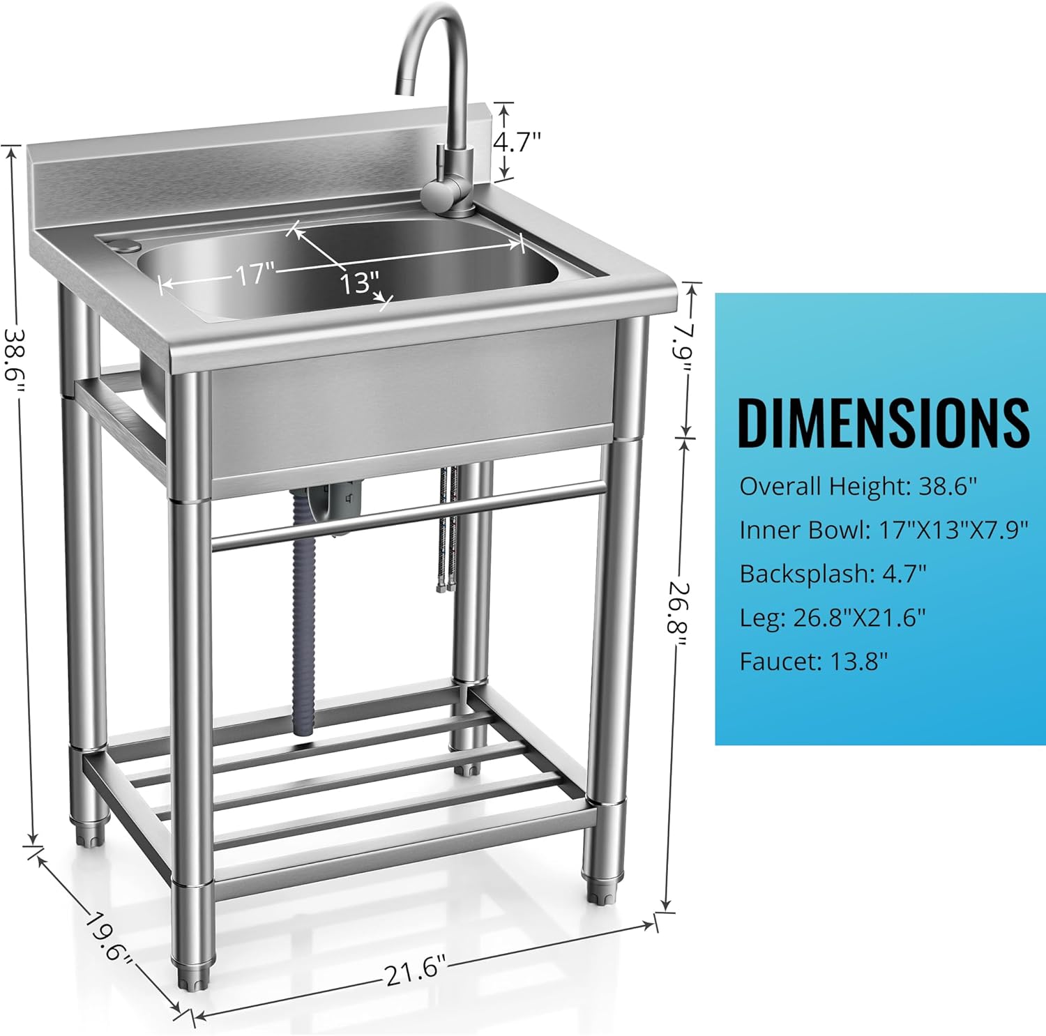 Utility Sink Free Standing Single Bowl Kitchen Sink with Cold and Hot Water Pipe Stainless Steel Sink for Laundry Room Bathroom Farmhouse