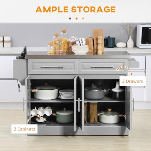 HOMCOM Rolling Kitchen Island Cart with Wheels, Portable Island Table for Kitchen with Stainless Steel Top, Adjustable Shelves, 2 Drawers, Spice