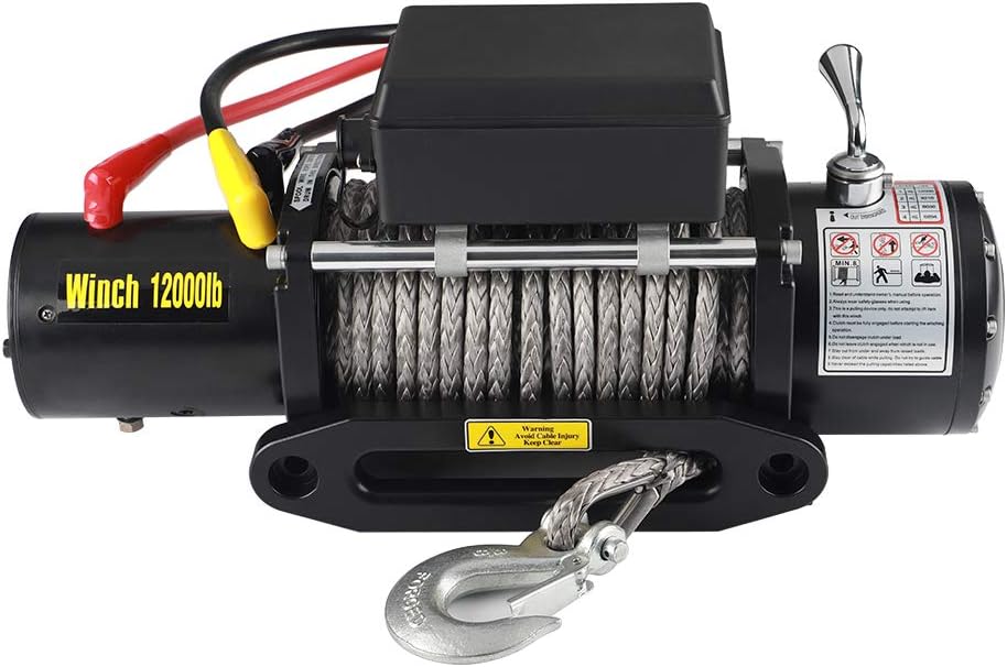 12V DC Winch with Synthetic Rope: 9.5MM X 28M(3/8"-91.86'), 6 Ton (12,000 lb) Pulling Capacity