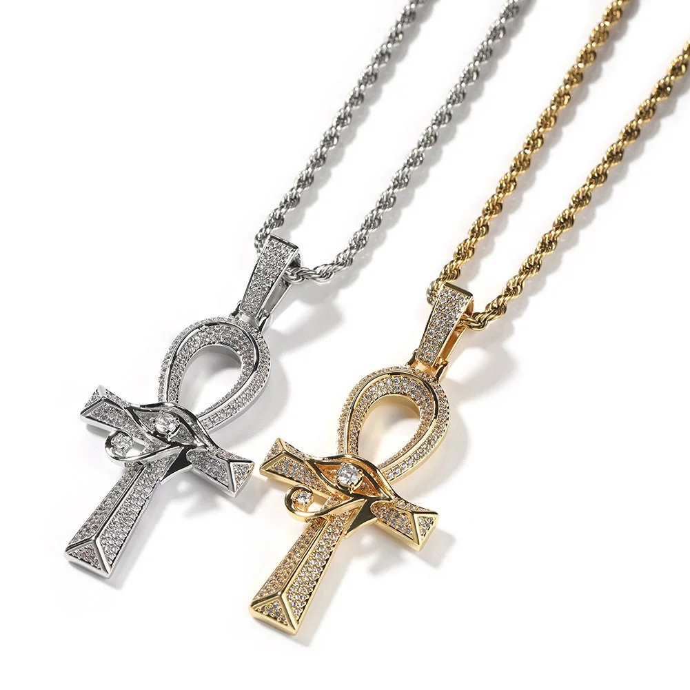 14K Gold Over Finish Simulated Diamond Iced out Bling Custom Eye Of Horus Egyptian Ankh Cross Charm Pendant Necklace, Free Rope Chain, Gift
