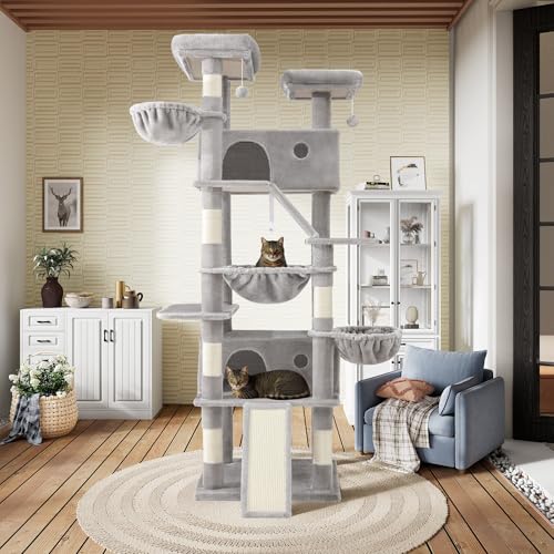 SHA CERLIN 81in Multi-Level Tall Cat Tree Tower for Indoor Kitties/Larger Cat Condo Furniture with Hammock/Cozy Pussycat Perches/Sisal Scratching