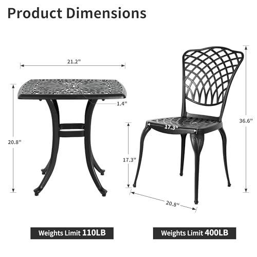 HOMEFUN Bistro Table and Chairs Set of 2 Outdoor 3 Piece Patio Set, Rose Pattern Cast Aluminum Bistro for Garden Balcony