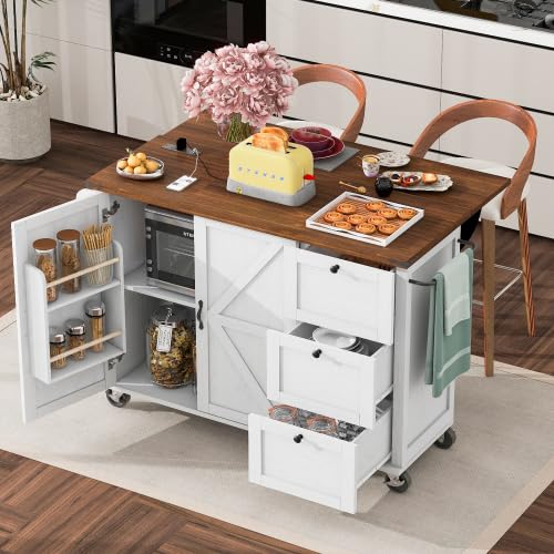 Bellemave Kitchen Island with Storage Cabinet on Wheels, 53.5'' Mobile Kitchen Cart with Power Outlet, Drop Leaf, Spice/Towel Rack and Drawer