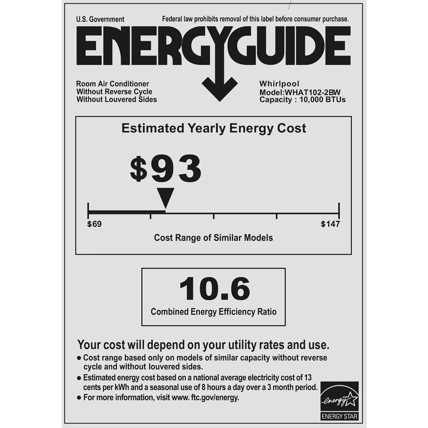 Whirlpool 10,000 BTU 230-Volt Through-the-Wall Air Conditioner with Remote, White, WHAT102-2BW