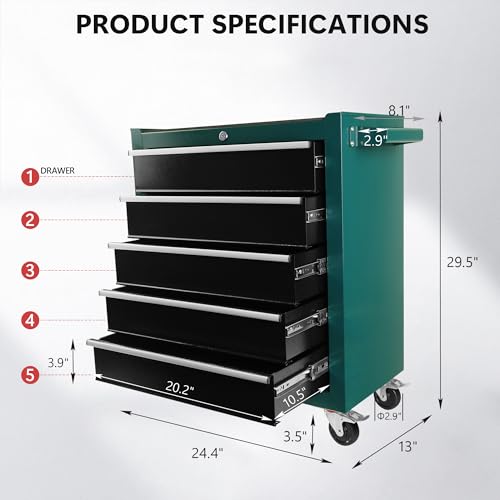 5-Drawer Rolling Tool Chest, Modular Tool Cabinet with Brake Casters & Removable Drawers, Workshop Toolbox Cart for Factory/Garage, Black