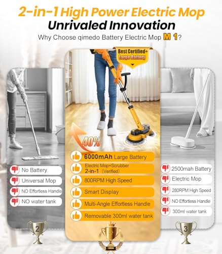 qimedo 6000mAh Battery Electric Mop M1, 800RPM Cordless Electric Power Scrubber & Mops for Floor Cleaning