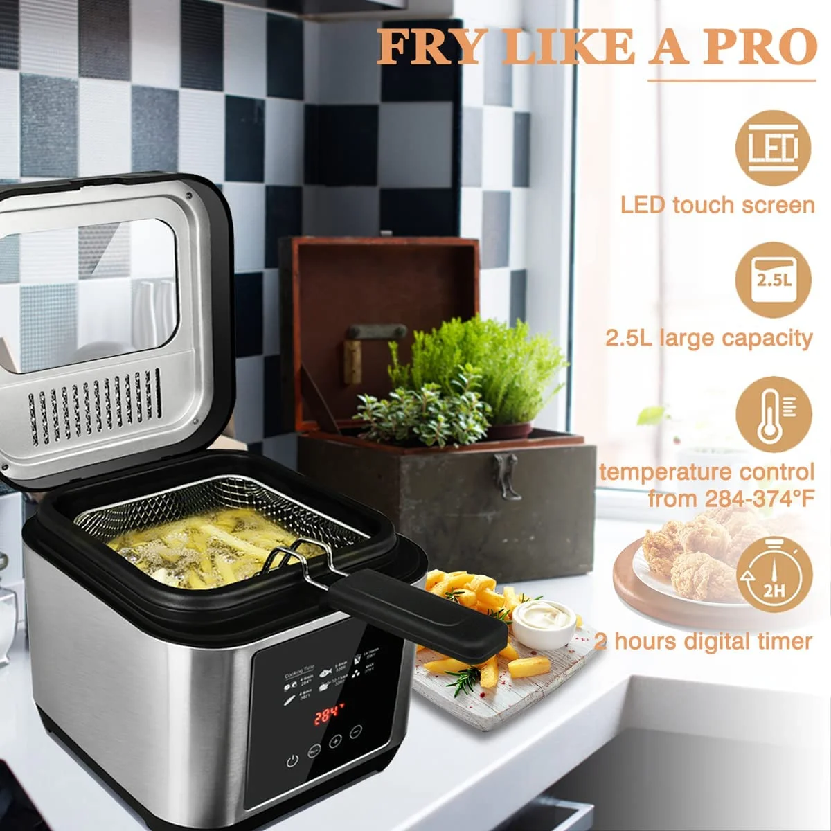 Deep Fryer, Cusimax Electric Deep Fryer with Basket, Oil Thermostat, 2.5l/2.64qt Deep Fat Fryers with Timer, Removable Lid, View Window