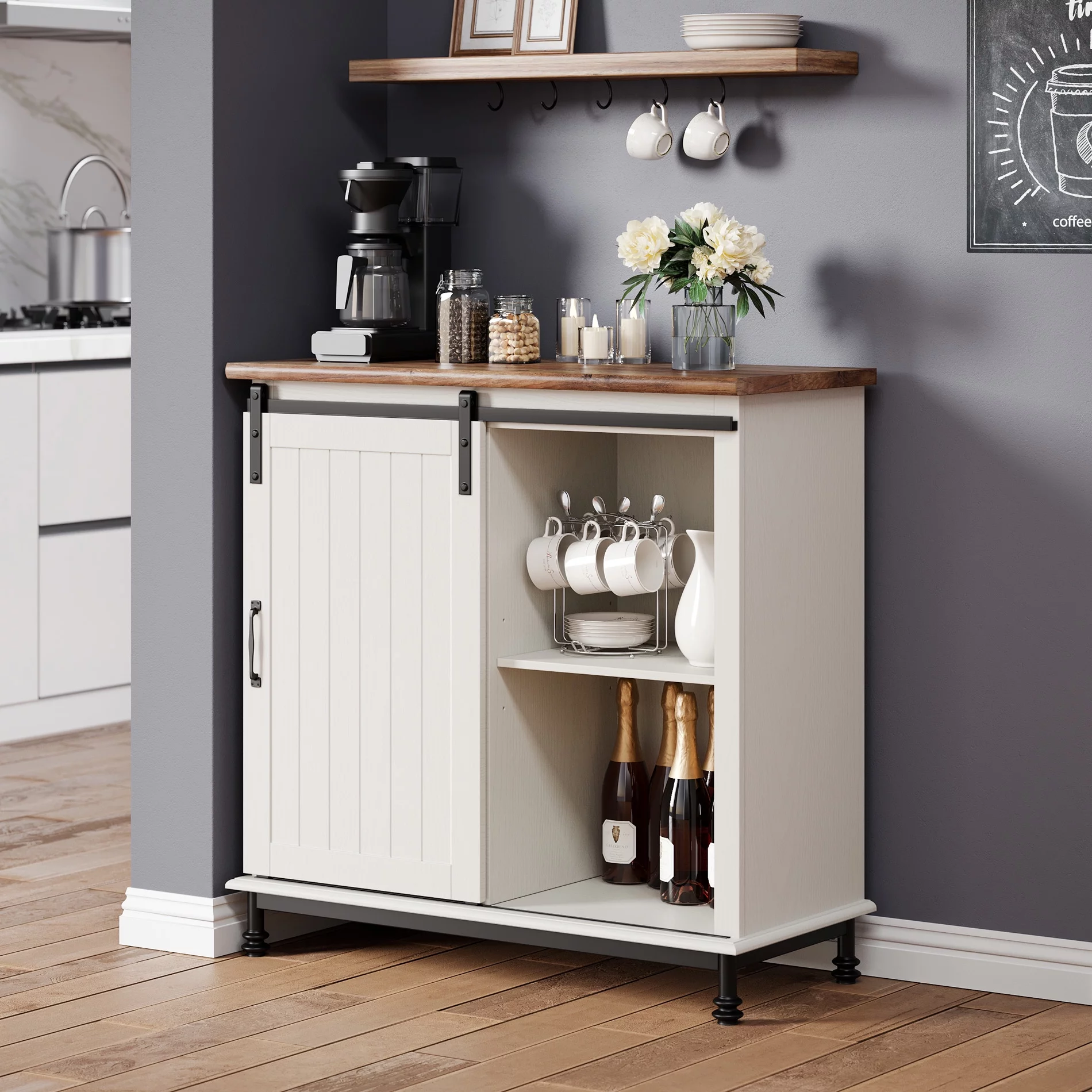 WAMPAT 70" Farmhouse TV Stand with Sliding Barn Door,LED Entertainment Center for Living Room, Storage Buffet Cabinet