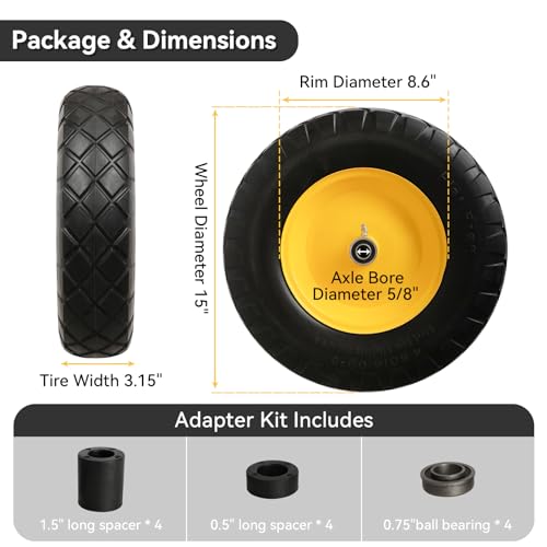 4.80/4.00-8" Tire and Wheel Assembly Set for Wheelbarrows, 5/8" or 3/4" Bore Wheelbarrow Tires for Utility Cart, Wheel Barrel, Wagon, Trailer, Dolly