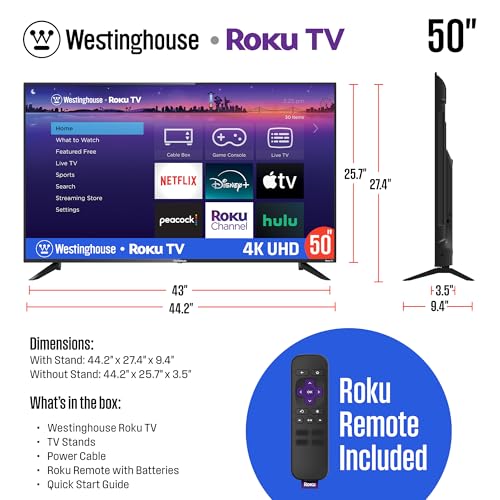 Westinghouse Roku TV - 43 Inch Smart TV, 4K UHD QLED Television w/HDR 10+, Dolby Vision, Wi-Fi & Mobile App Connectivity